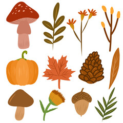 autumn clipart collection, illustrations of fallen leaves, mushrooms and dry twigs