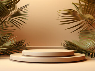 Fototapeta premium Awesome Podium podium or pedestal with tropical palm leaves shadow on beige background