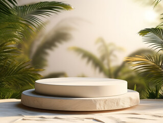 Obraz premium Attractive stone display podium on beige background palm leafs
