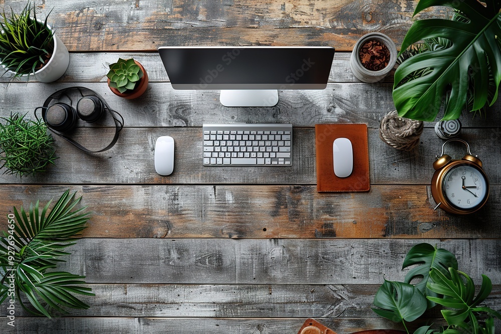 Poster a computer desk with a keyboard, mouse, and a clock