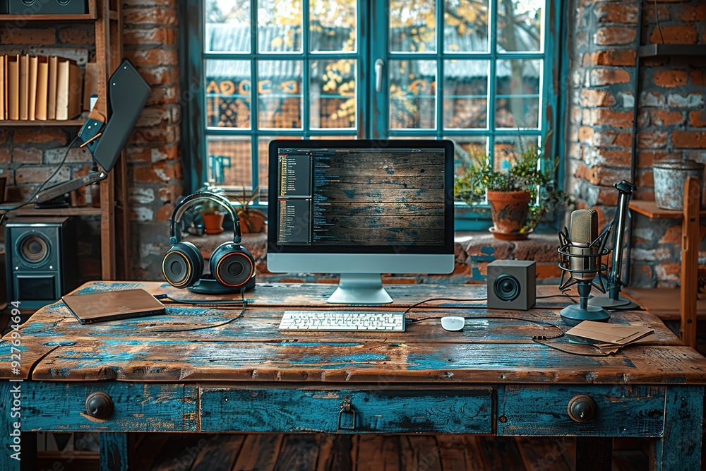 Poster a computer desk with a computer monitor, keyboard, and mouse