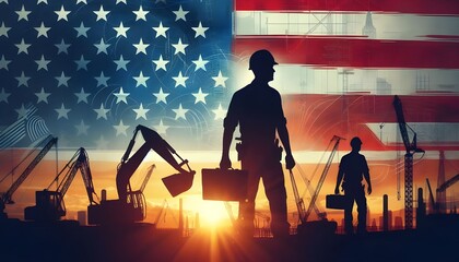construction worker and american flag, labor day background