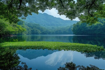 Fototapeta premium Serene Reflection on a Lush Green Lake