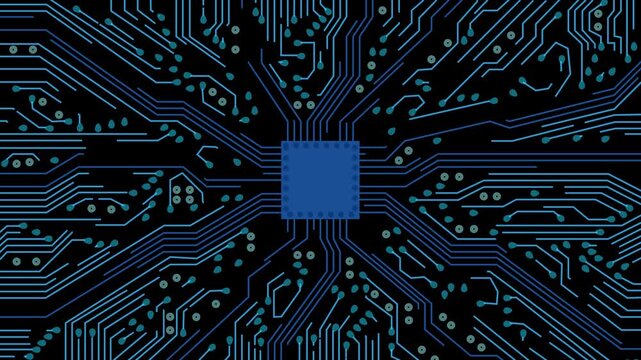 animated abstract circuit board motion, technology concept, connected blue lines with electronics elements. video animation isolated on alpha channel background (transparent).