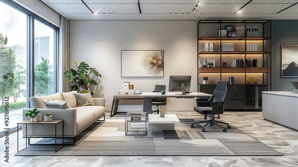 Poster a modern office space with light grey and white carpet, showcasing the use of square tile flooring i