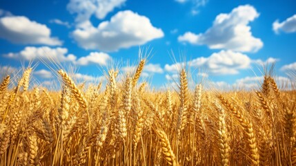 Fototapeta premium A golden wheat field under a blue sky with white clouds, creating an atmosphere of harvest and life.