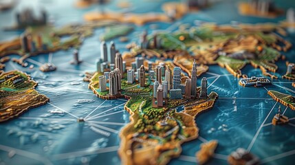 View of a world map, multiple cities being interconnected, very small tiny library buildings as 3d on the map interconnected with each other. Generative AI.