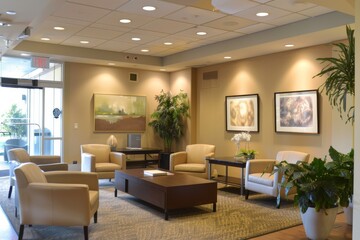 Fototapeta premium A stylish lobby in an apartment building, characterized by bold orange walls that provide a bright and energetic ambiance, A stylish office lobby with comfortable seating and artwork. AI generated