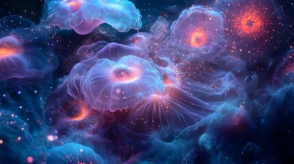 Fototapeta premium Ethereal Underwater Realm Bioluminescent Creatures in Cosmic Horror Inspired Paradise