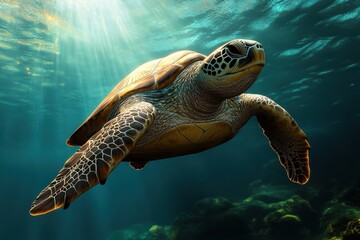 Fototapeta premium A majestic sea turtle glides gracefully through crystal-clear waters, illuminated by sunbeams, showcasing marine beauty.