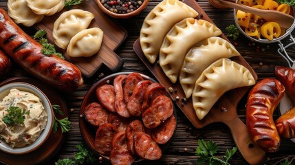 Delicious pierogi and kielbasa, traditional polish food, wooden table. Generative AI.