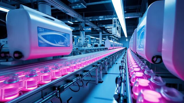 A tour reveals dynamic machinery and colorful lighting as jars move through a modern production line, highlighting efficiency and technology at work
