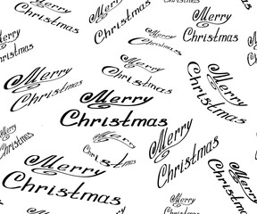 Seamless pattern greeting phrase Merry Christmas different size shape. Black text isolated on white background drawn hand written