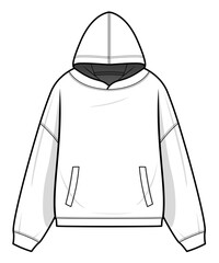 Hoodie technical fashion illustration. hoodie vector template illustration. front view. Regular fit. drop shoulder. unisex. white colour. CAD mockup set.