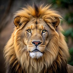 Fototapeta premium Capture the majestic grace of a lion in a realistic oil painting at eye-level angle, generate ai