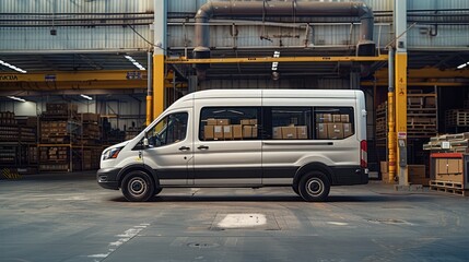A staff shuttle (minibus) collecting shift workers from a warehouse. Generative AI.
