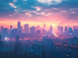 Obraz premium Vibrant City Skyline at Dawn Symbol of Energy and New Beginnings in an Urban Setting