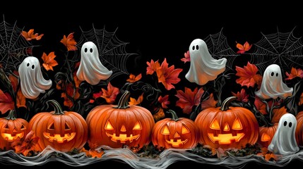A festive Halloween scene featuring pumpkins, ghosts, and autumn leaves.