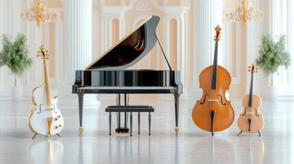 Musical instruments such as violin, piano and saxophone, the beauty of a symphony