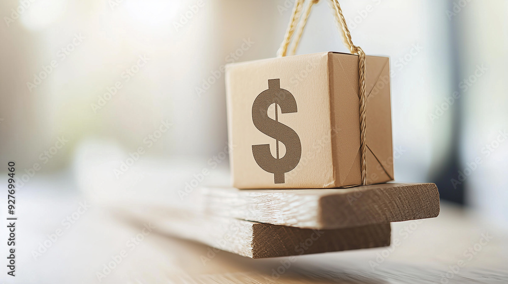 Wall mural a cardboard box with a dollar sign symbol, representing the concept of online shopping, pricing, and