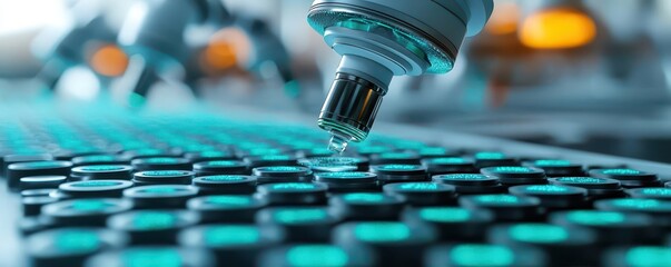 Tiny AI robots performing complex tasks on a microscopic scale, illustration