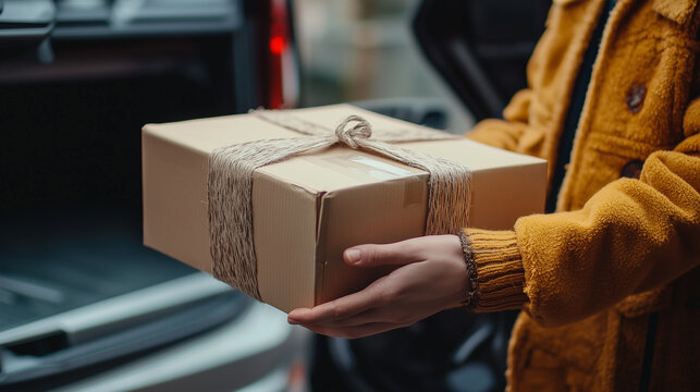Close-up of hands holding a package wrapped in string, symbolizing careful packaging, gift-giving, or personalized delivery service.