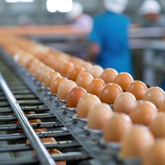 Obraz premium Detailed shot of eggs being sorted by size in a factory, high-speed capture, sharp focus, industrial setting.