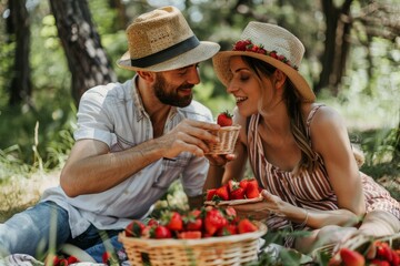 A guide illustrating steps to make a man fall in love, featuring romantic gestures and emotional connection techniques, A wife playfully feeding her husband strawberries at a summer picnic