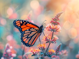 Obraz premium Stunning Monarch Butterfly Resting on Blooming Flower in Blurred Nature Background