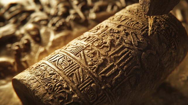 An artisan carves intricate designs into a Babylonian cylinder seal, showcasing ancient craftsmanship and historical significance