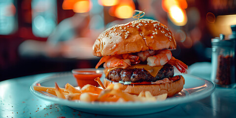 Apetitiva hamburguesa de carne de res con camarones y papas fritas 