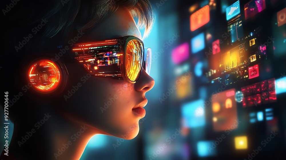 Poster a digital avatar navigating a virtual world, immersed in glowing icons and data streams.