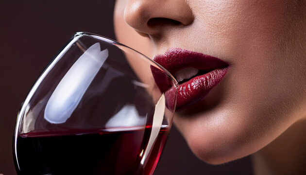 Primer plano de labios de una mujer catando y degustando una copa de vino
