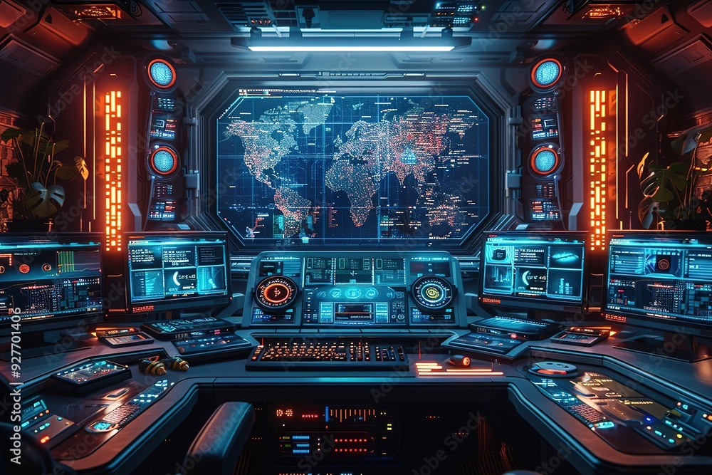 Poster a computer room with a large monitor showing a map of the world