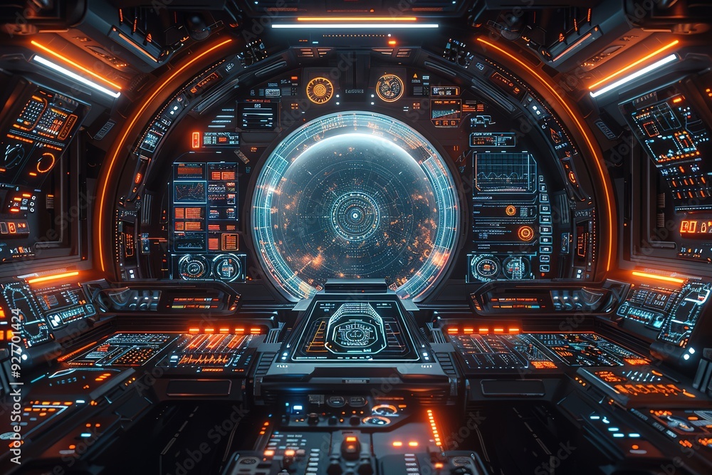 Poster a futuristic space station with a large window in the middle