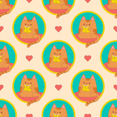 Seamless pattern with a cute cat reading book on a background of hearts. Vector illustration in flat style.