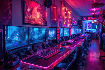 A neon-lit room with multiple computer monitors and keyboards