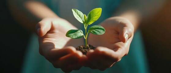 Women's hands gently hold protect a small sprout. Concept of new life