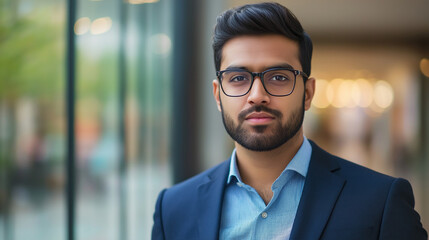 Portrait of a confident young man in a business suit, looking directly at the camera. The image conveys professionalism and ambition in a corporate environment.
