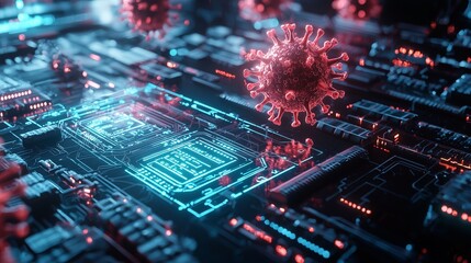 Coronavirus Virus on Digital Circuit Board.