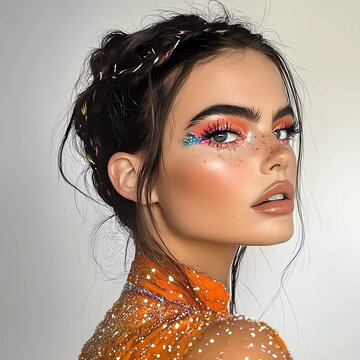 Fototapeta Stylized portrait of a woman with bold, colorful makeup, sparkling freckles, and an intricate hairstyle, wearing a glittering orange outfit, isolated on a light background.