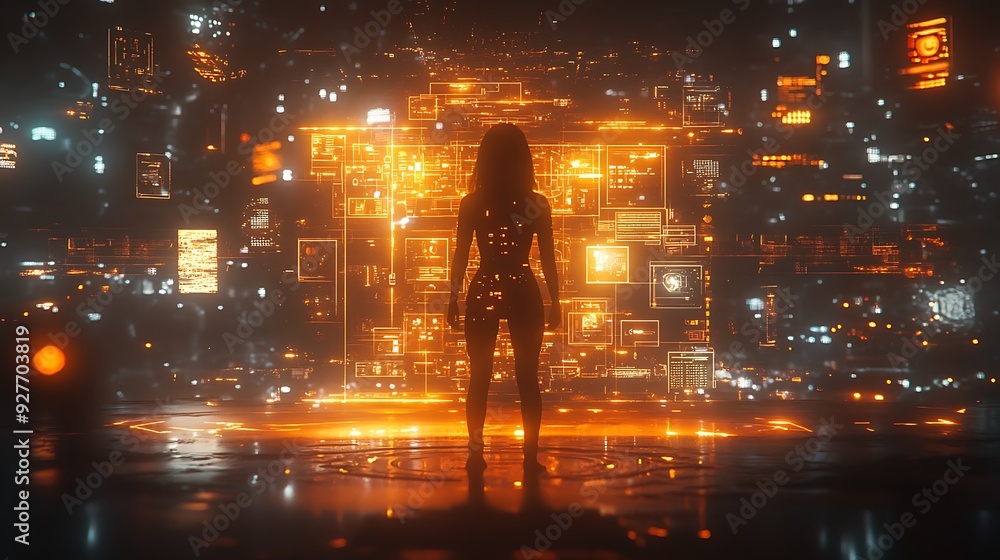 Poster a digital avatar interacting with a virtual world, surrounded by glowing icons and data streams