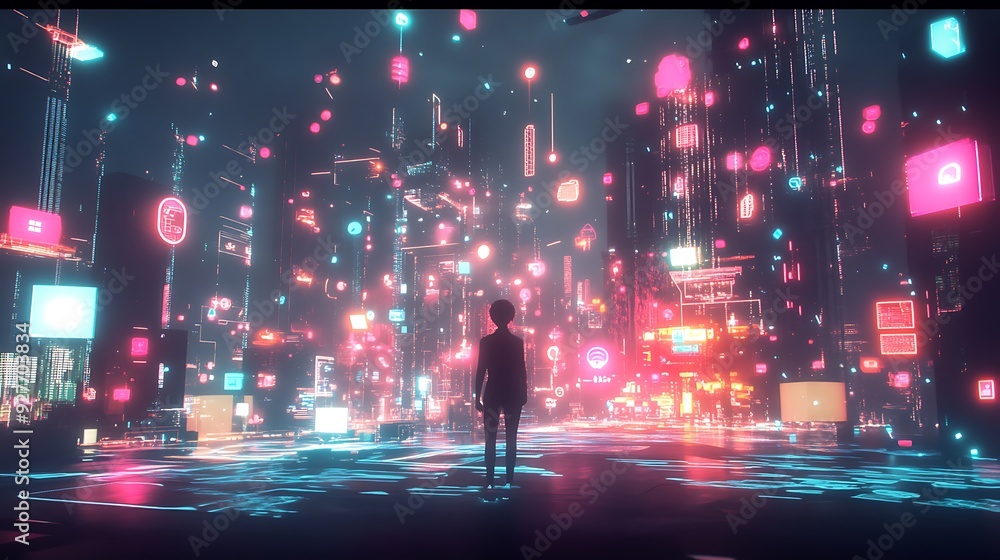 Poster a digital avatar interacting with a virtual world, surrounded by glowing icons and data streams
