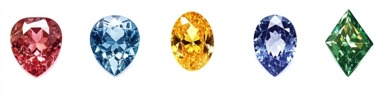 Five Gemstones of Different Colors and Cuts on a White Background