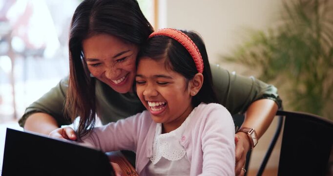 Home, mother and girl with a tablet, funny and cheerful with internet, humor and comedy in a lounge. Family, parent and kid with mama, child and technology with joy, social media and digital app
