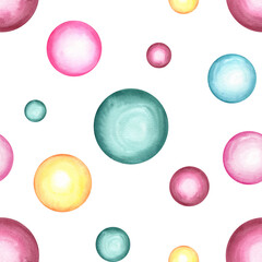 Polka dots seamless pattern in abstract style. Gradient round doodle spots. Dense pink, yellow, green and blue Bubbles in minimalist style. Watercolor isolated illustration for textile, decor.