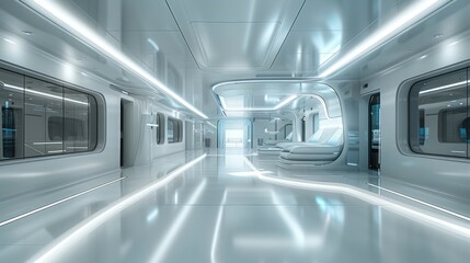 The future technology hospital has a double-story large space, the second floor has a large glass control room, minimalist style, future technology, and a treatment cabin in the middle. Generative AI.