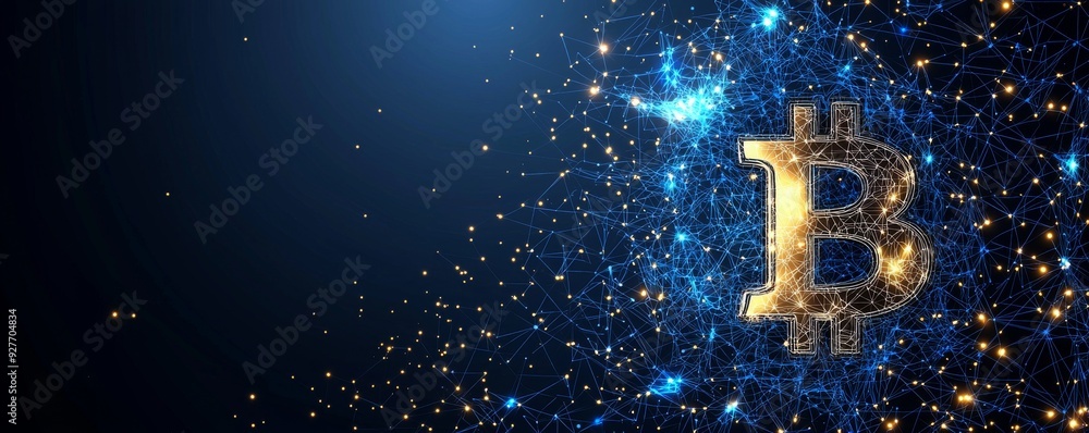 Poster digital wireframe bitcoin symbol amidst glowing network connections on a dark background