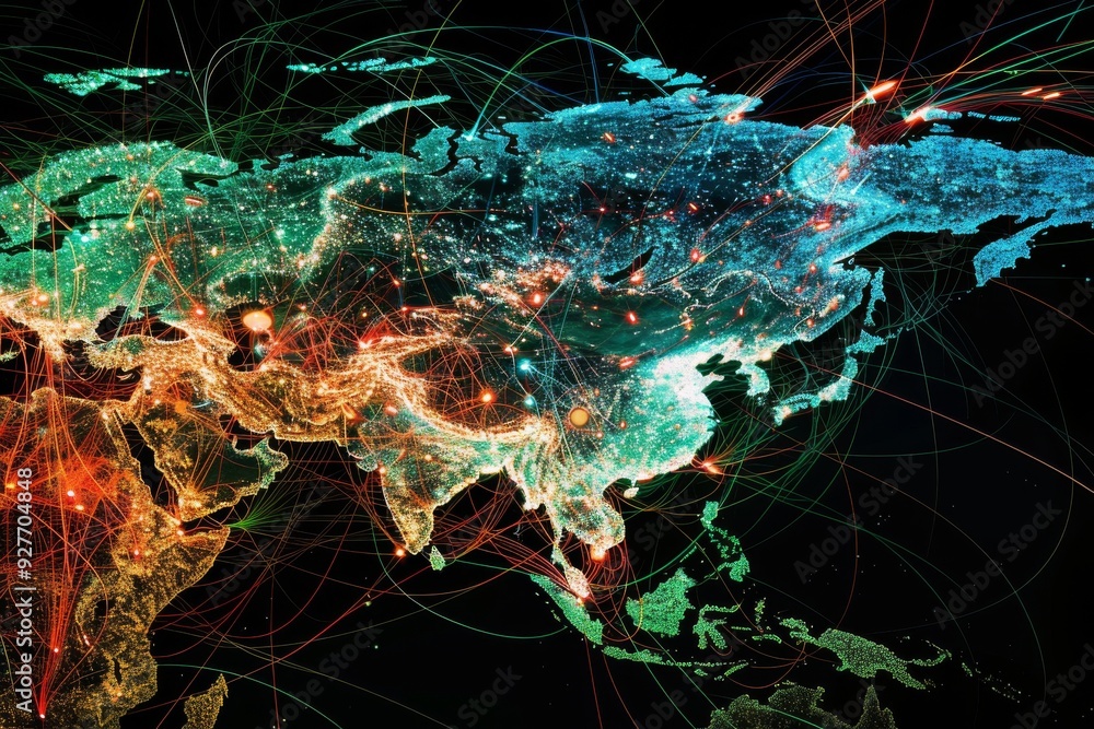 Poster a world map illuminated with lights and interconnected lines, symbolizing global connectivity and co