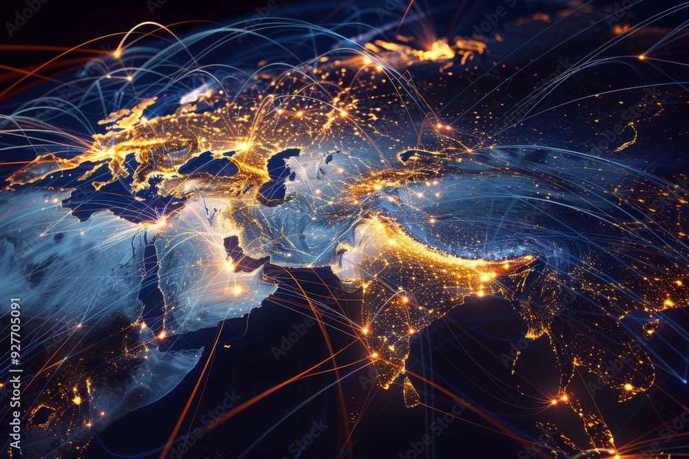 Poster a world map illuminated with lights and interconnected lines, symbolizing global connectivity and co